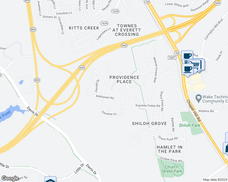 map of restaurants, bars, coffee shops, grocery stores, and more near 3025 Homebrook Lane in Morrisville