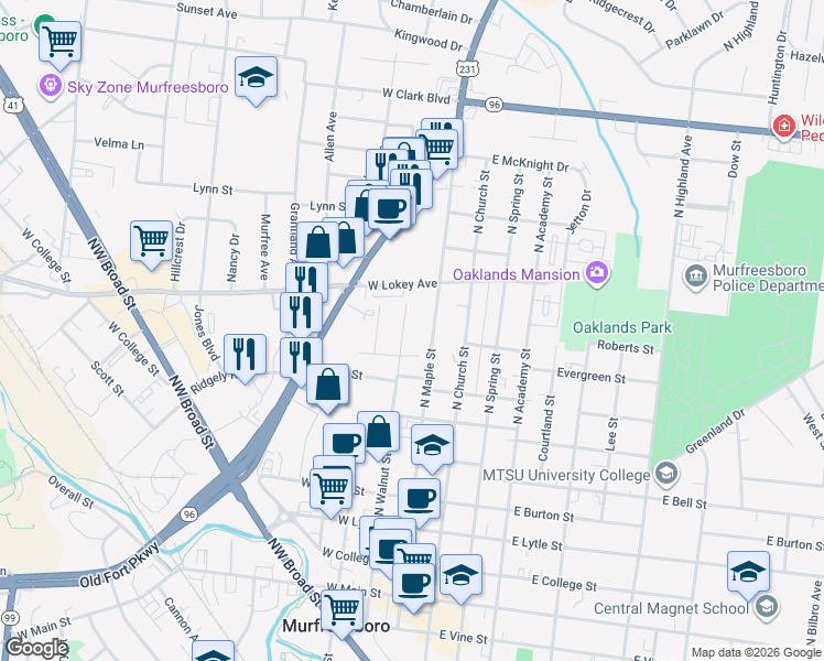 map of restaurants, bars, coffee shops, grocery stores, and more near 724 N Walnut St in Murfreesboro