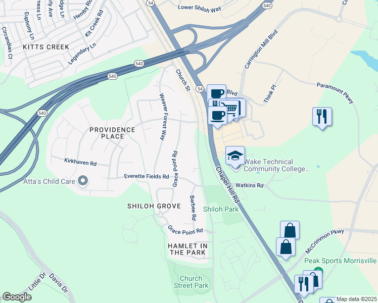 map of restaurants, bars, coffee shops, grocery stores, and more near 1017 Church Street in Morrisville