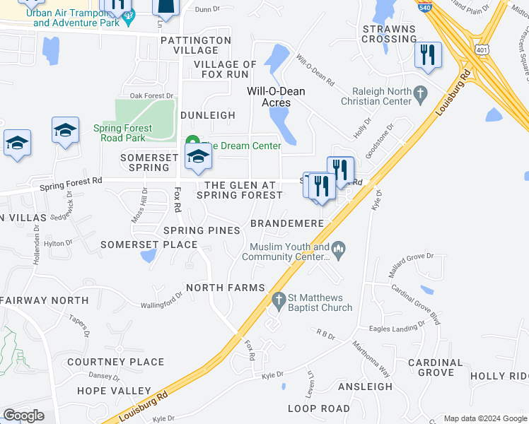 map of restaurants, bars, coffee shops, grocery stores, and more near 5610 Black Maple Drive in Raleigh