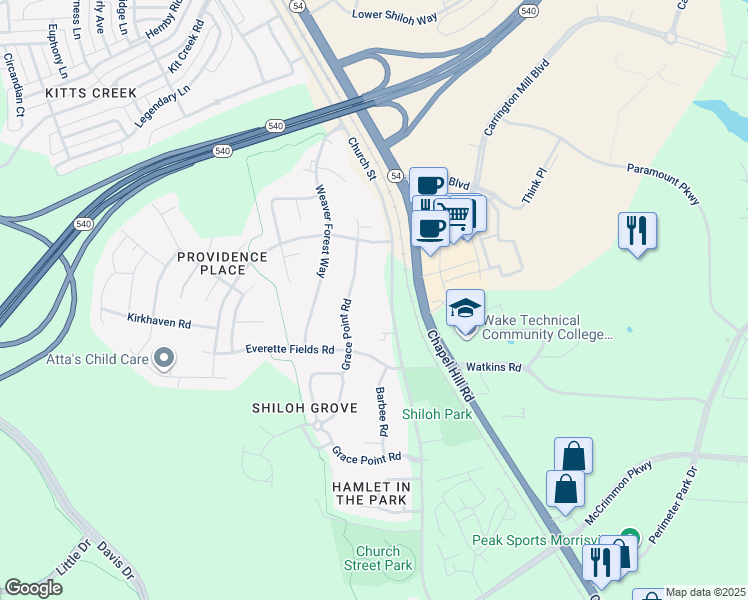 map of restaurants, bars, coffee shops, grocery stores, and more near 1017 Church Street in Morrisville