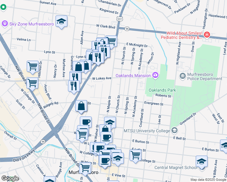 map of restaurants, bars, coffee shops, grocery stores, and more near 812 North Maple Street in Murfreesboro