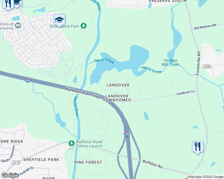 map of restaurants, bars, coffee shops, grocery stores, and more near 4709 Landover Dale Drive in Raleigh