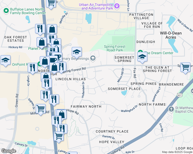 map of restaurants, bars, coffee shops, grocery stores, and more near 5018 Sedgewick Drive in Raleigh