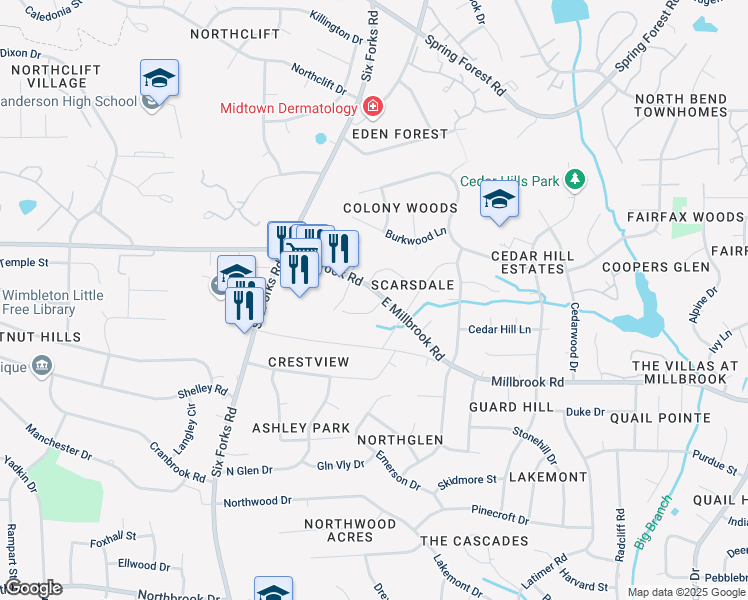 map of restaurants, bars, coffee shops, grocery stores, and more near 5200 Sedgefield Drive in Raleigh