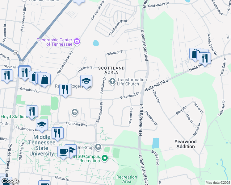 map of restaurants, bars, coffee shops, grocery stores, and more near 916 Whitehall Road in Murfreesboro
