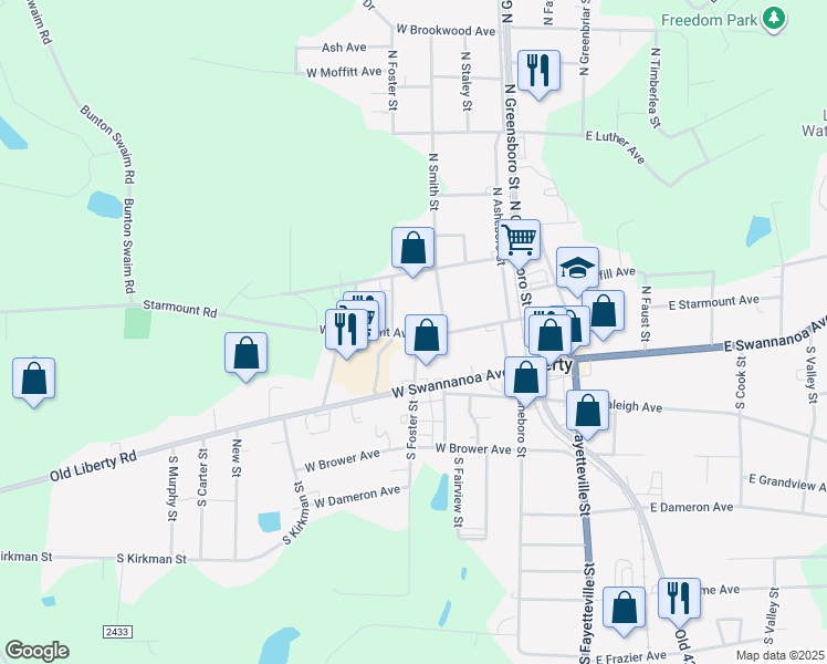 map of restaurants, bars, coffee shops, grocery stores, and more near 324 West Starmount Avenue in Liberty
