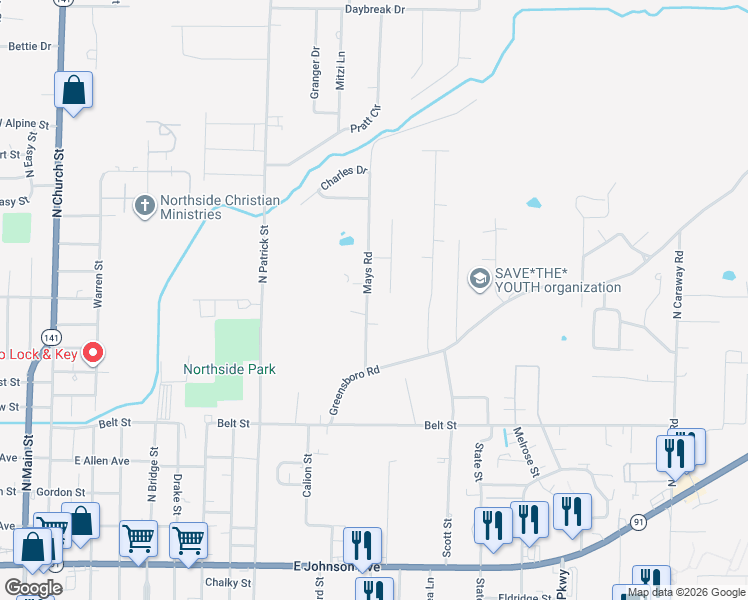 map of restaurants, bars, coffee shops, grocery stores, and more near 912 Mays Road in Jonesboro