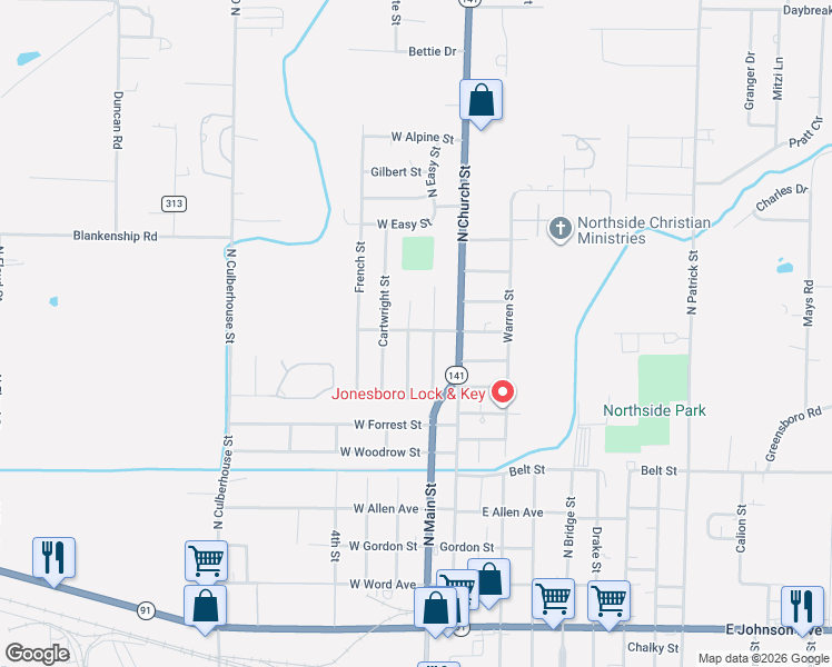 map of restaurants, bars, coffee shops, grocery stores, and more near 912 North Madison Street in Jonesboro