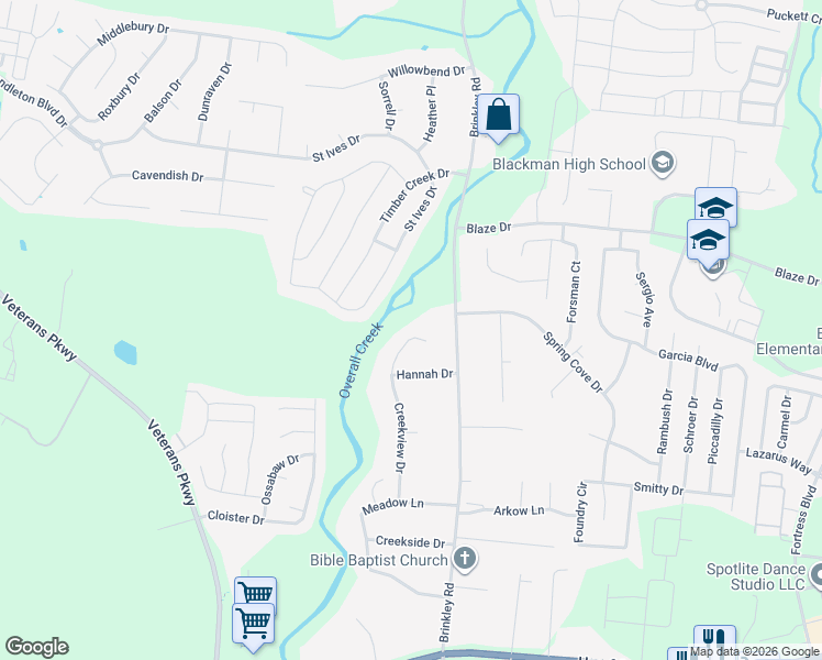 map of restaurants, bars, coffee shops, grocery stores, and more near 427 Creekview Drive in Murfreesboro