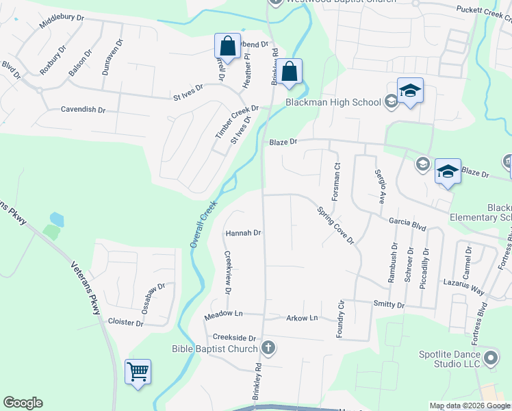 map of restaurants, bars, coffee shops, grocery stores, and more near 647 Brinkley Road in Murfreesboro