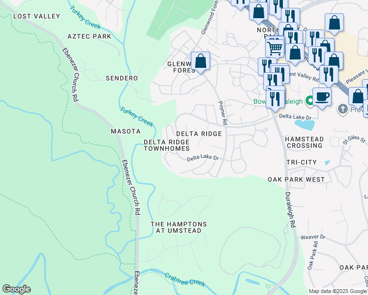 map of restaurants, bars, coffee shops, grocery stores, and more near 5509 Creekdale Circle in Raleigh