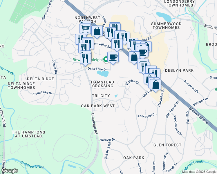 map of restaurants, bars, coffee shops, grocery stores, and more near 5584 Hamstead Crossing in Raleigh