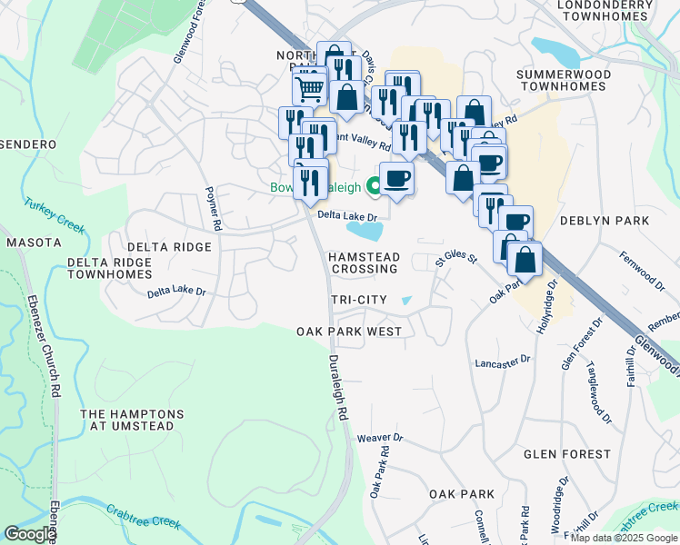 map of restaurants, bars, coffee shops, grocery stores, and more near 5517 Hamstead Crossing in Raleigh