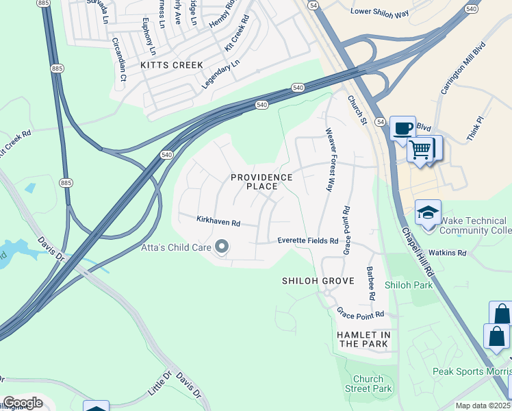 map of restaurants, bars, coffee shops, grocery stores, and more near 1013 Jewel Stone Lane in Morrisville