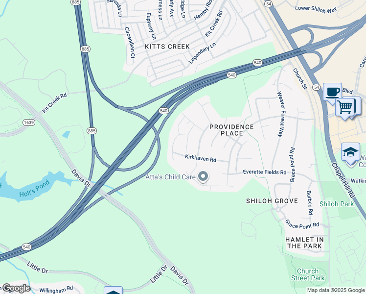 map of restaurants, bars, coffee shops, grocery stores, and more near 216 Joycliff Drive in Morrisville