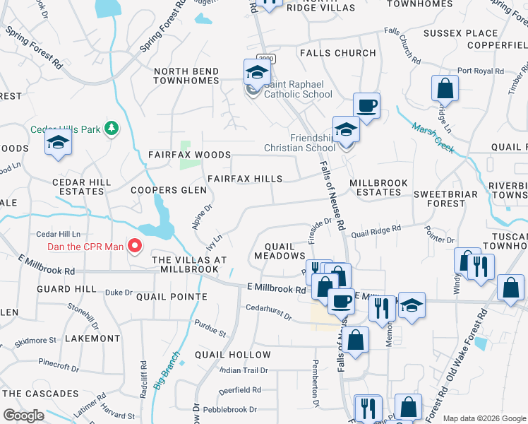 map of restaurants, bars, coffee shops, grocery stores, and more near 1218 Ivy Lane in Raleigh