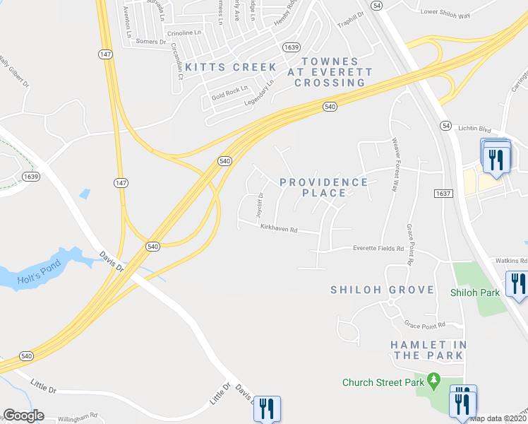 map of restaurants, bars, coffee shops, grocery stores, and more near 216 Joycliff Drive in Morrisville