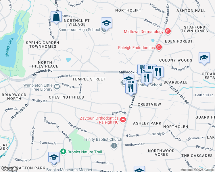 map of restaurants, bars, coffee shops, grocery stores, and more near 709 Coventry Court in Raleigh