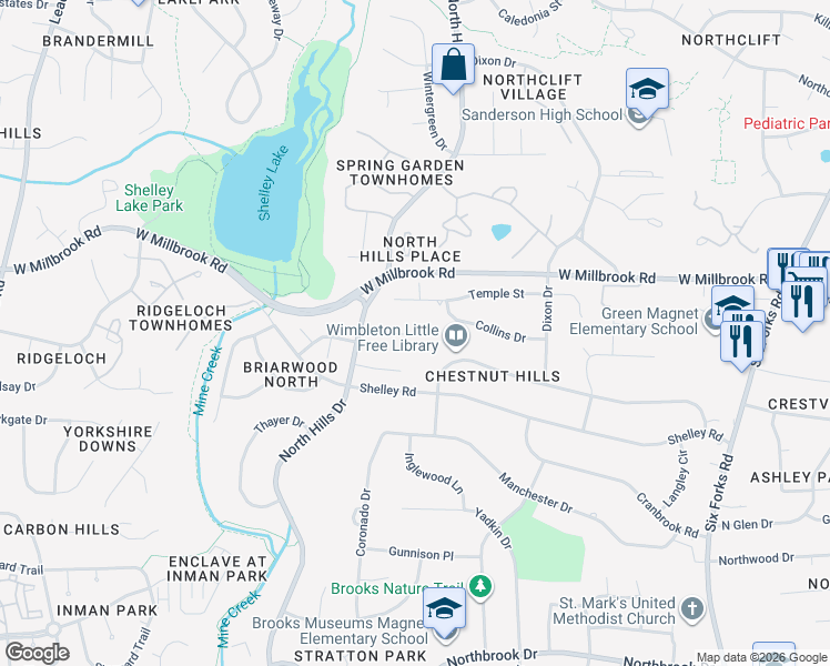 map of restaurants, bars, coffee shops, grocery stores, and more near 1300 Kintyre Circle in Raleigh