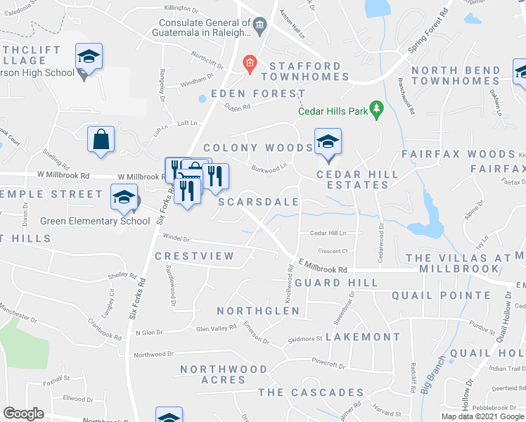 map of restaurants, bars, coffee shops, grocery stores, and more near 5507 Farley Drive in Raleigh