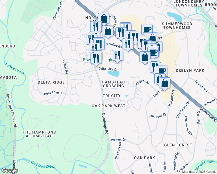 map of restaurants, bars, coffee shops, grocery stores, and more near 5517 Hamstead Crossing in Raleigh