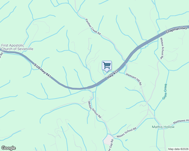map of restaurants, bars, coffee shops, grocery stores, and more near 122 Fred King Lane in Sevierville