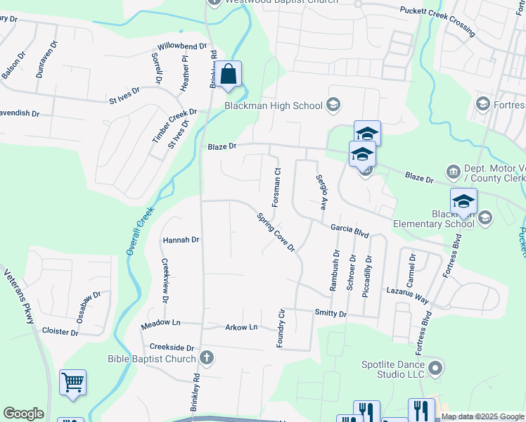 map of restaurants, bars, coffee shops, grocery stores, and more near 4625 Forsman Court in Murfreesboro