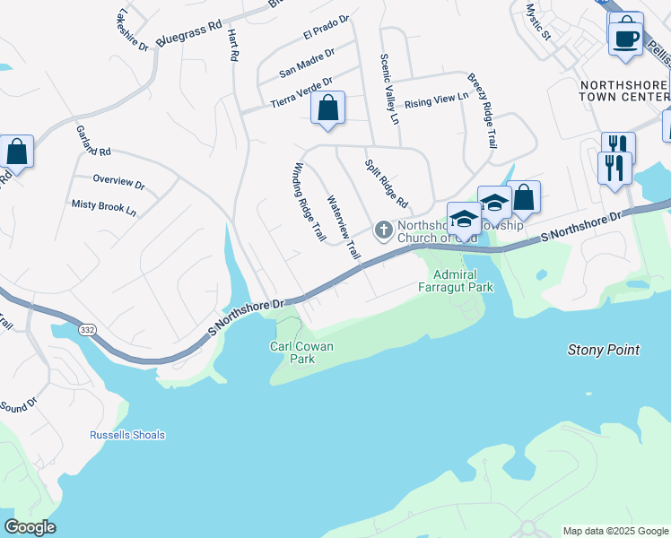 map of restaurants, bars, coffee shops, grocery stores, and more near 10037 South Northshore Drive in Knoxville