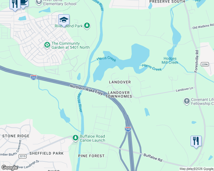 map of restaurants, bars, coffee shops, grocery stores, and more near 4826 Landover Bluff Way in Raleigh