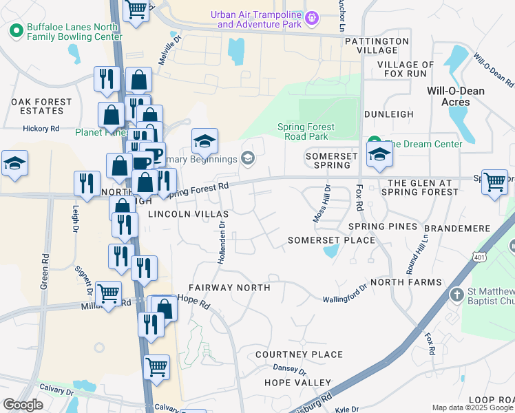 map of restaurants, bars, coffee shops, grocery stores, and more near 5018 Sedgewick Drive in Raleigh