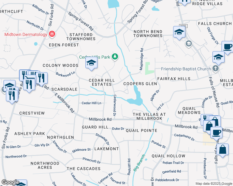 map of restaurants, bars, coffee shops, grocery stores, and more near 539 Pine Ridge Place in Raleigh