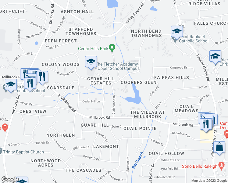 map of restaurants, bars, coffee shops, grocery stores, and more near 539 Pine Ridge Place in Raleigh