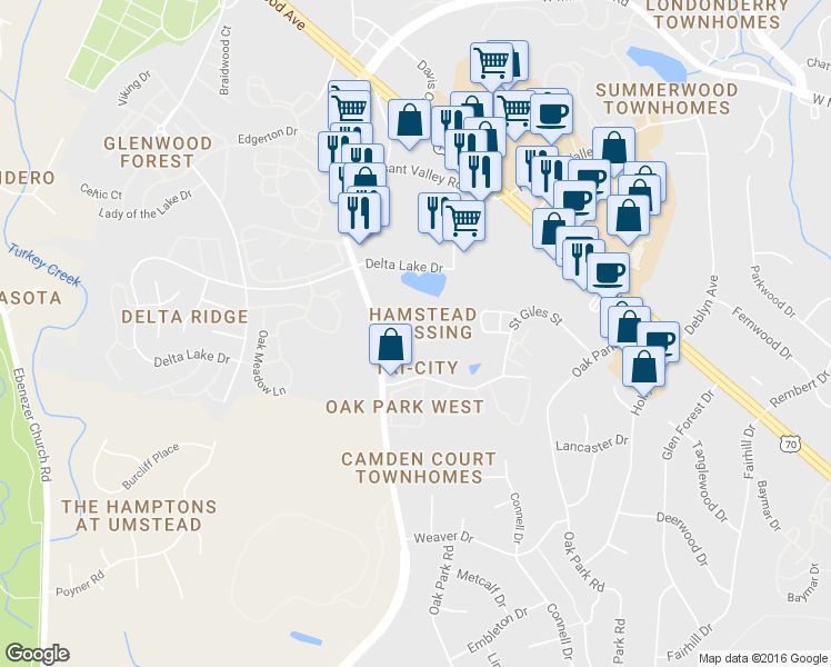 map of restaurants, bars, coffee shops, grocery stores, and more near 5539 Hamstead Crossing in Raleigh