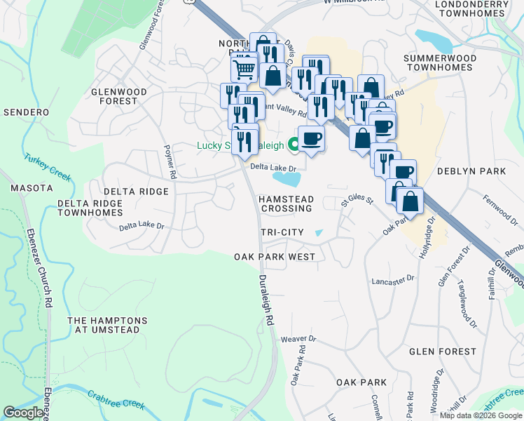 map of restaurants, bars, coffee shops, grocery stores, and more near 5503 Hamstead Crossing in Raleigh