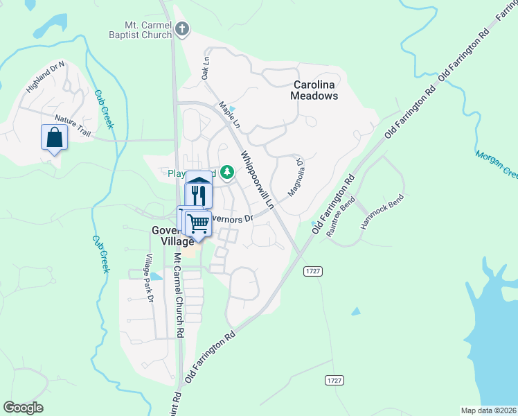 map of restaurants, bars, coffee shops, grocery stores, and more near 20000 Fountain in Chapel Hill