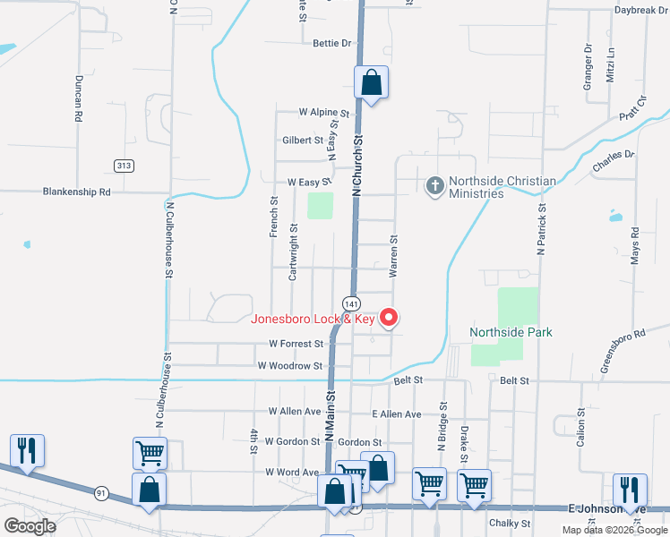 map of restaurants, bars, coffee shops, grocery stores, and more near 912 North Madison Street in Jonesboro