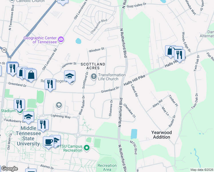 map of restaurants, bars, coffee shops, grocery stores, and more near 1006 Glasgow Drive in Murfreesboro