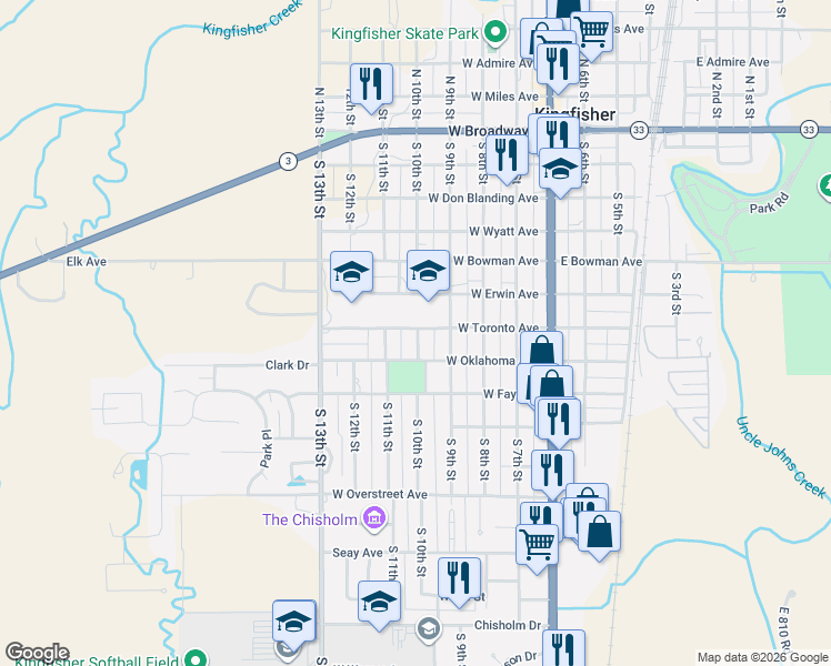 map of restaurants, bars, coffee shops, grocery stores, and more near 702 South 10th Street in Kingfisher