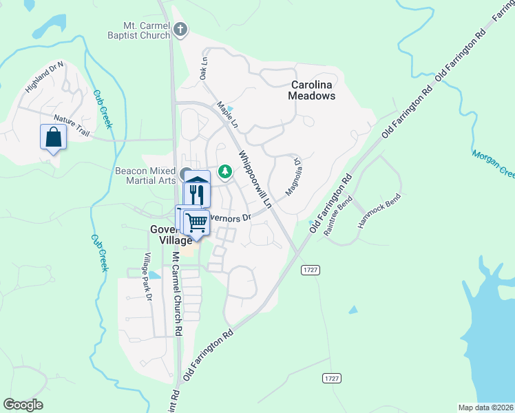 map of restaurants, bars, coffee shops, grocery stores, and more near 20000 Fountain in Chapel Hill