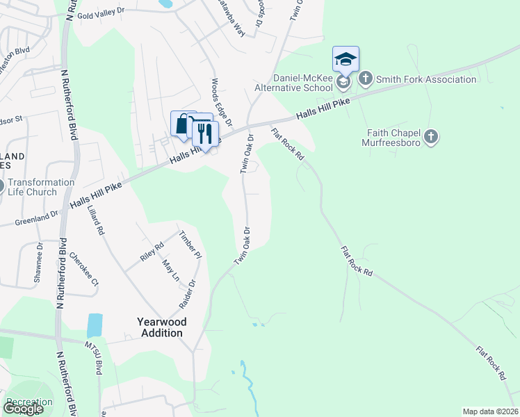 map of restaurants, bars, coffee shops, grocery stores, and more near 819 Twin Oak Drive in Murfreesboro