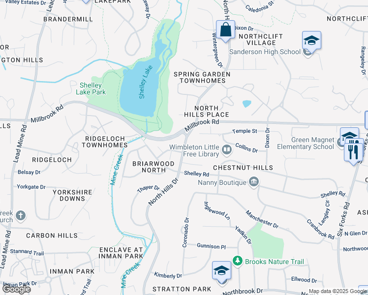 map of restaurants, bars, coffee shops, grocery stores, and more near North Hills Drive in Raleigh