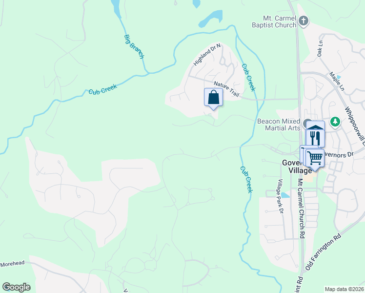 map of restaurants, bars, coffee shops, grocery stores, and more near 10234 Governors Drive in Chapel Hill