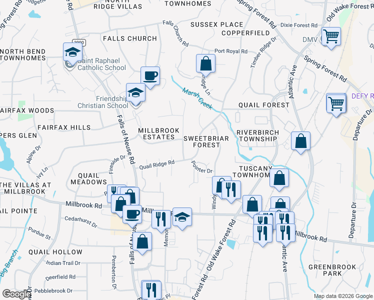 map of restaurants, bars, coffee shops, grocery stores, and more near 5206 Cypress Lane in Raleigh