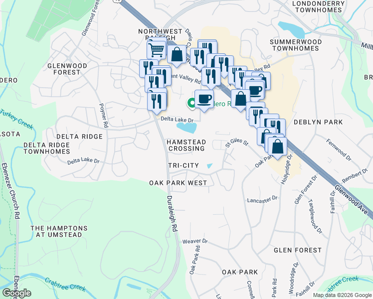 map of restaurants, bars, coffee shops, grocery stores, and more near 5537 Hamstead Crossing in Raleigh