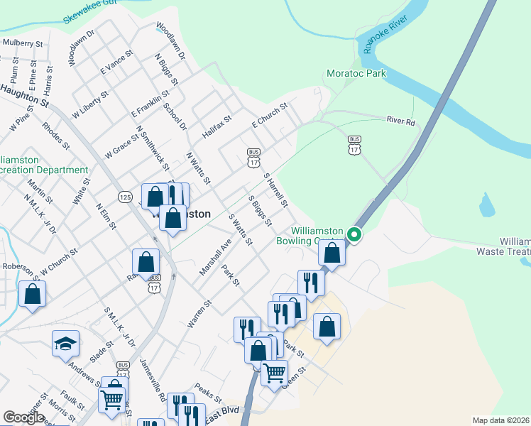 map of restaurants, bars, coffee shops, grocery stores, and more near 212 South Biggs Street in Williamston