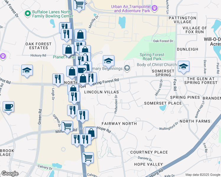 map of restaurants, bars, coffee shops, grocery stores, and more near 5005 Cape Breton Drive in Raleigh