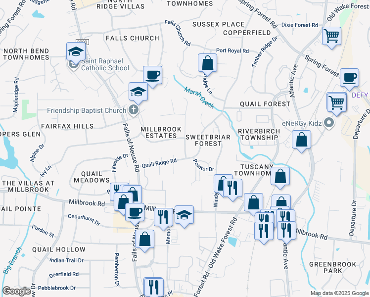 map of restaurants, bars, coffee shops, grocery stores, and more near 5206 Cypress Lane in Raleigh