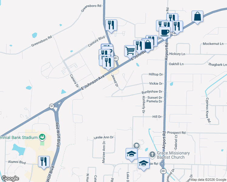 map of restaurants, bars, coffee shops, grocery stores, and more near 3510 Toni Ann Drive in Jonesboro
