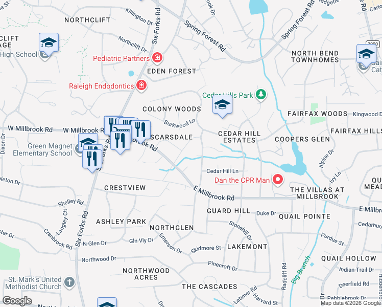 map of restaurants, bars, coffee shops, grocery stores, and more near 301 Cedarcrest Court in Raleigh
